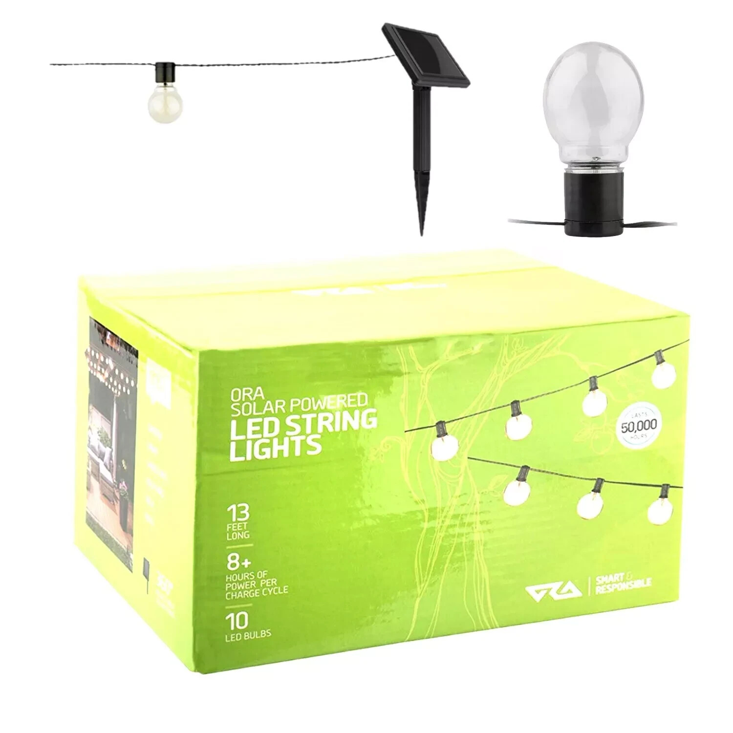 ORA Solar Powered String Lights, 10 LED Clear Ball Waterproof Outdoor Lights