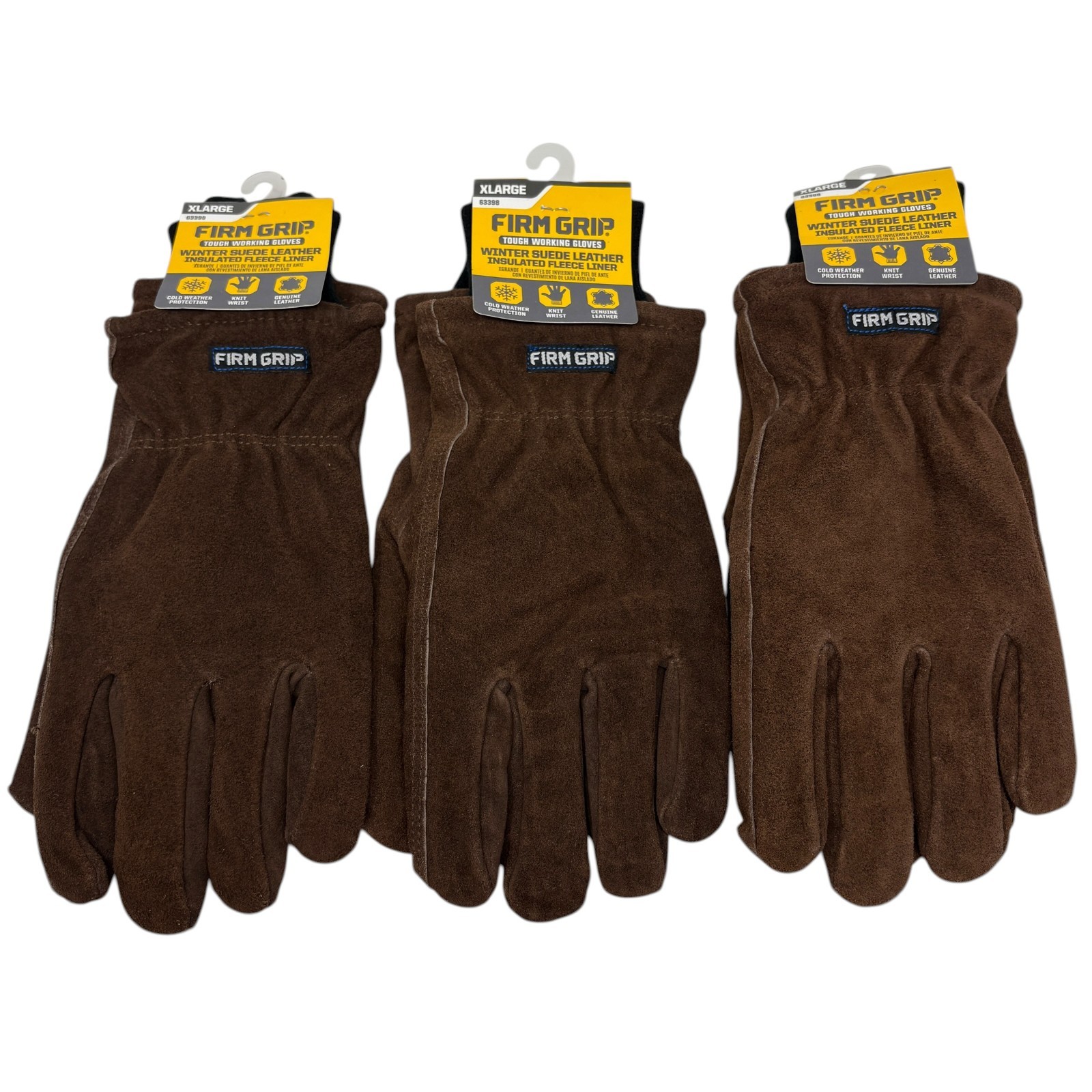 Lot Of 3 - XL FIRM GRIP Winter Suede Leather Work Gloves Insulated Fleece