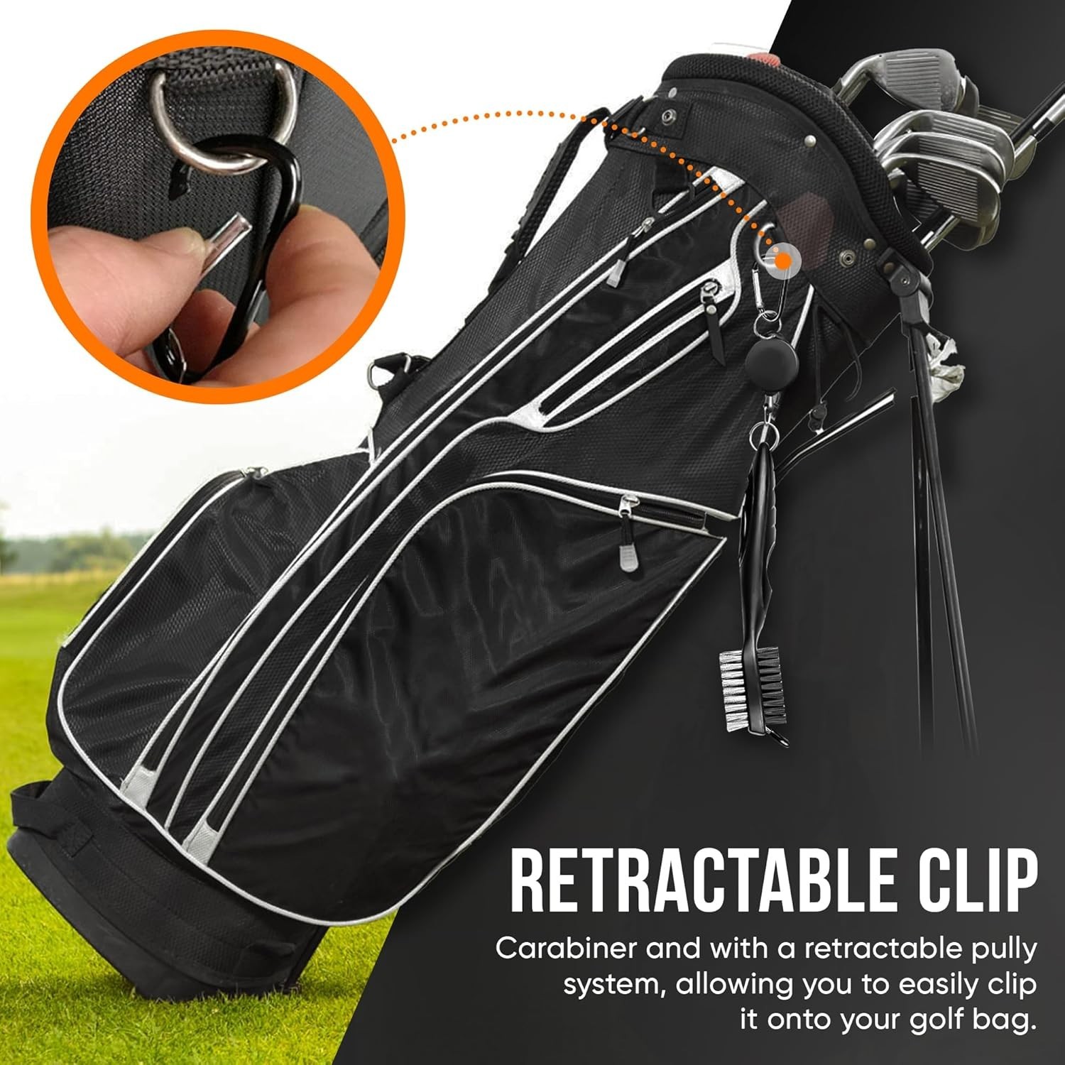 2 PCS Golf Club Brushes & Groove Cleaner 2 Ft Retractable Zipline Carabiner Tool