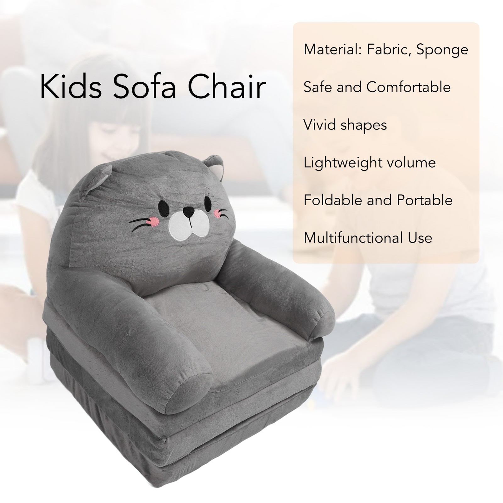Kids Couch Toddler Chair Plush Cute Cat Fold Out Floor Seating Cushion Armrest