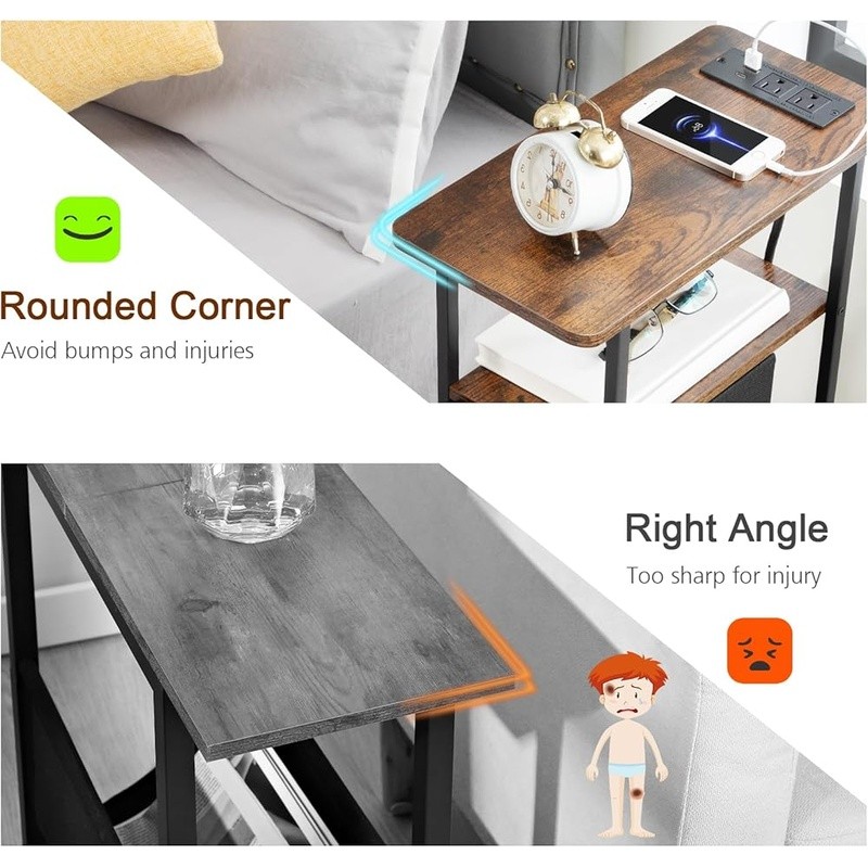 Slim End Table W/ Charging Station USB Ports Storage Drawers Small Spaces