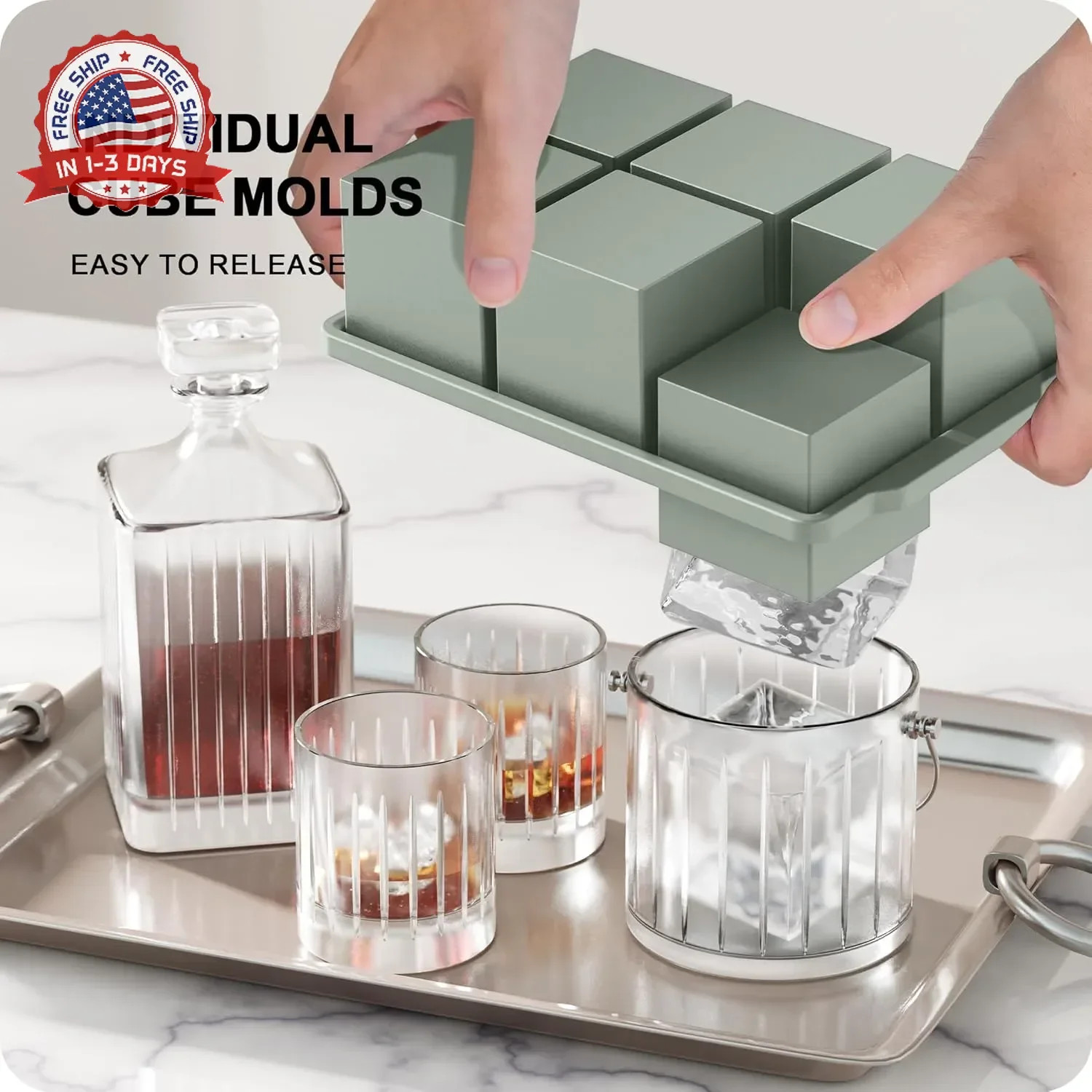 Large Square Ice Cube Molds Silicone Stackable Lid 6 Cavities 3 Packs for Drinks
