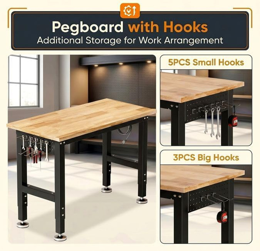 TLGREEN 48" Adjustable Workbench | Solid Rubberwood Top | 2000Lbs Heavy-Duty Wor