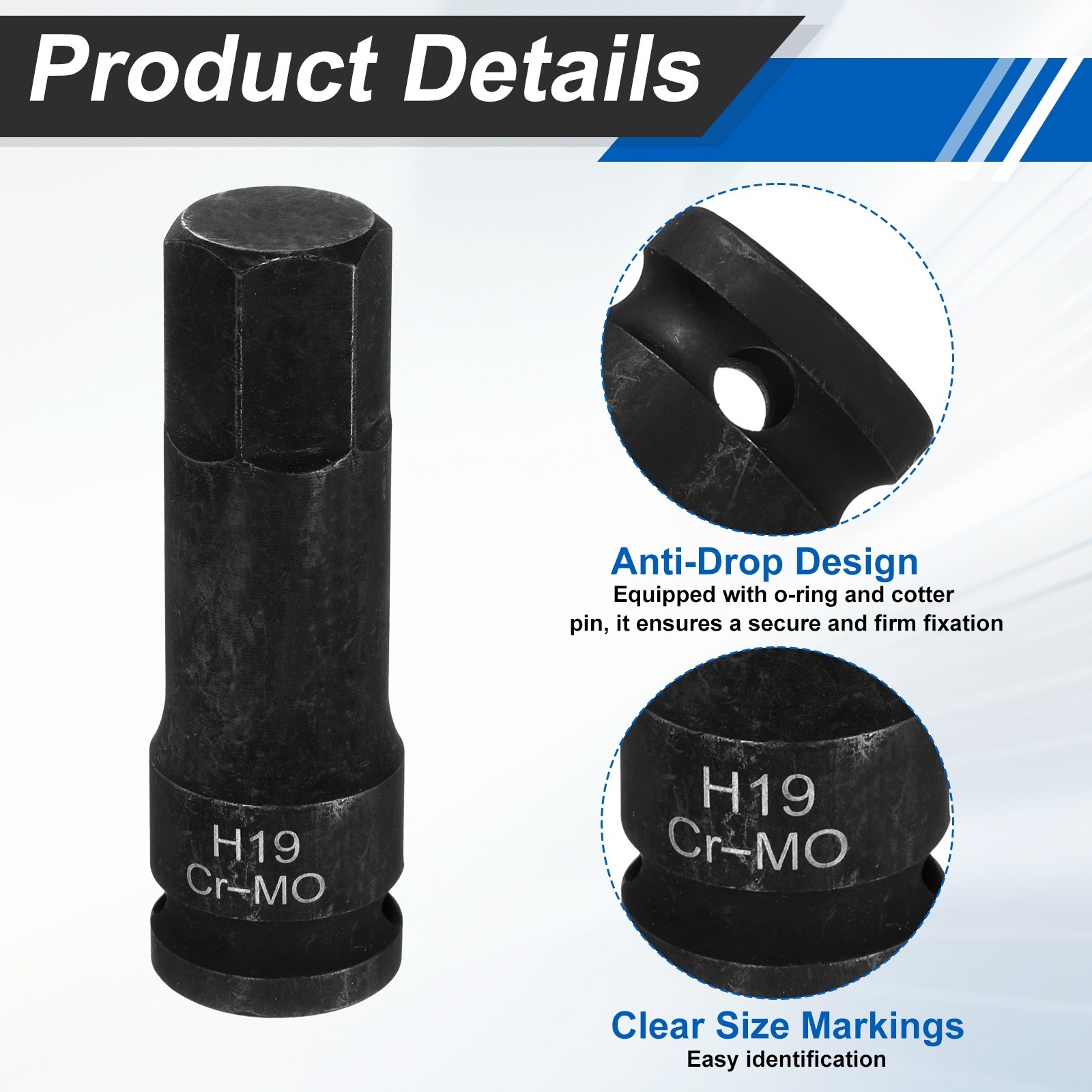 1/2" Drive Impact Hex Bit Socket 19mm Metric CR-MO Steel Hexagonal Socket