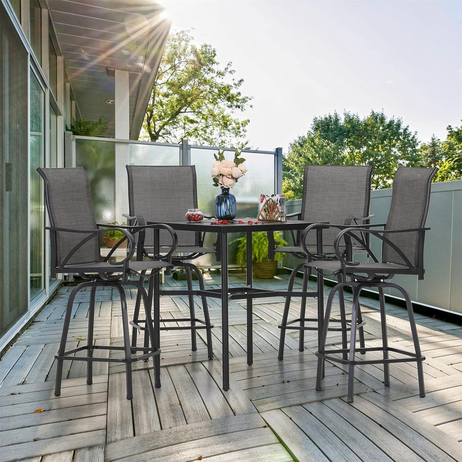 5 PCS Patio Bar Table Chair Set Swivel Bar Height Chair Bar Stools Outdoor Table