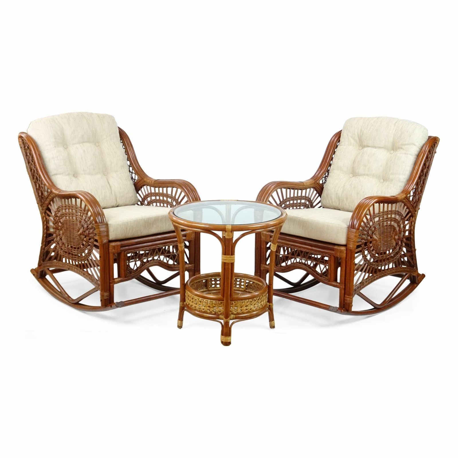 Malibu ECO Handmade Rattan Set of 2 Rocking Chairs with Cream Cushions and Table