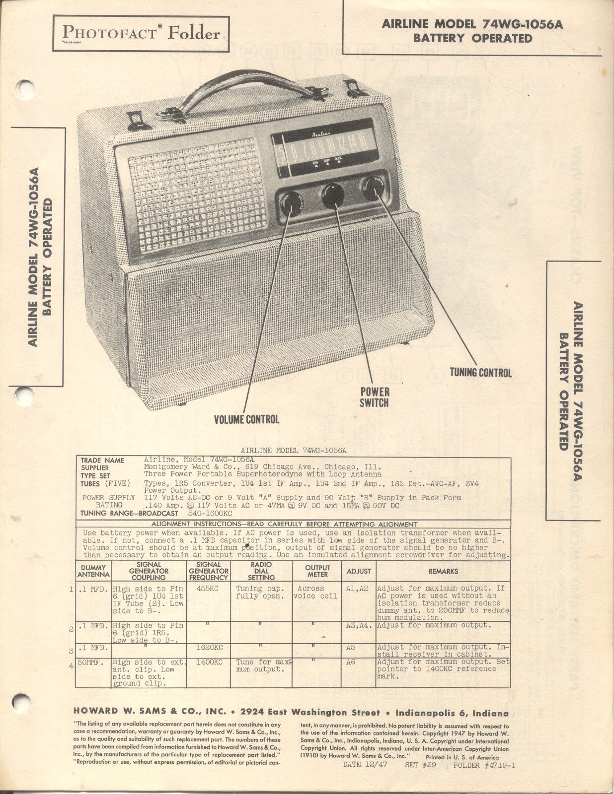AIRLINE Montgomery Ward Model 74WG-1056A, SAMS Photofact 1947, 4 Pages, NOS