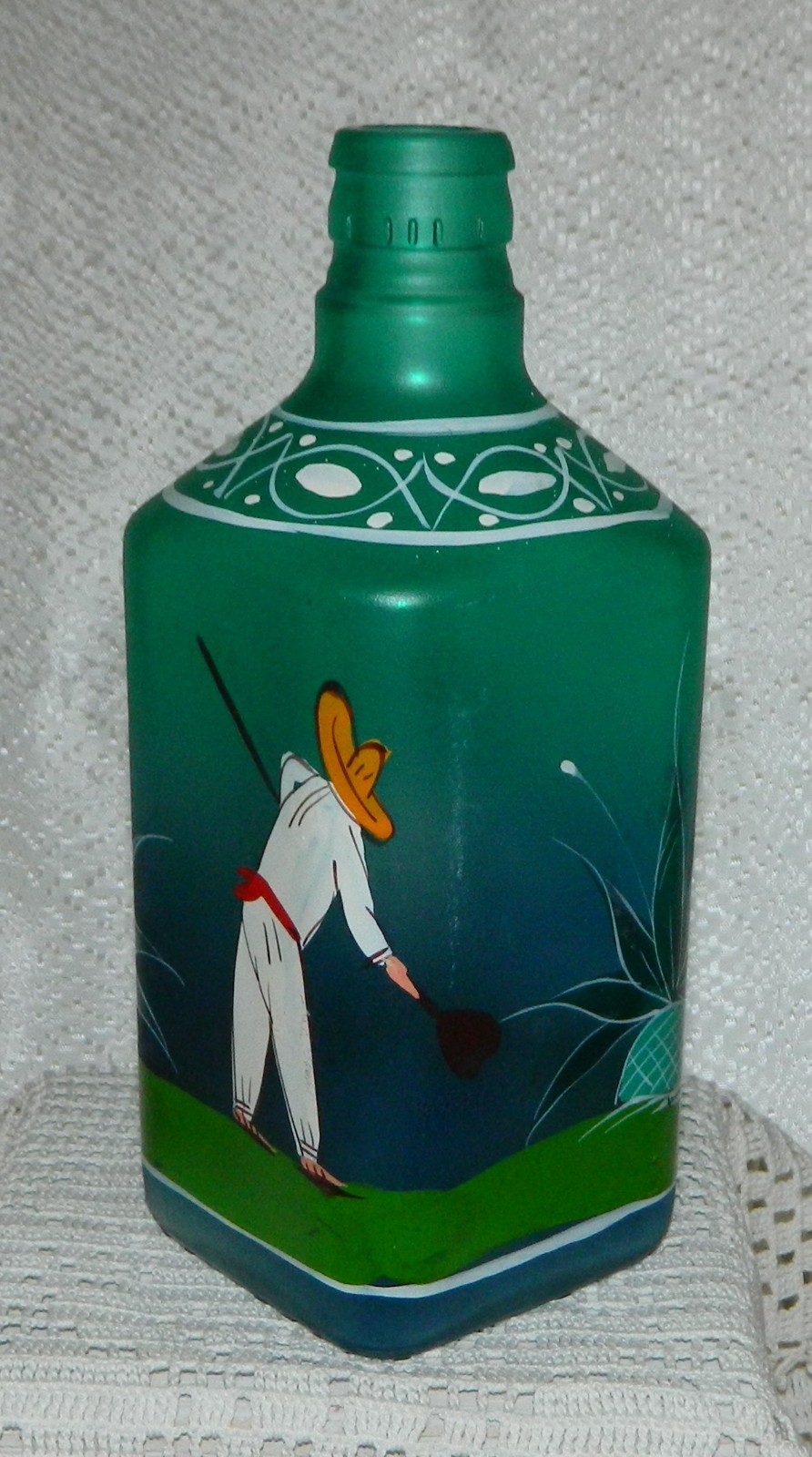 Agave Tequila Bottle Amatitan Jalisco Mexico Hand Painted Green Glass 8.5" T