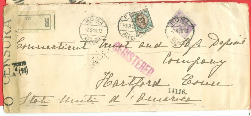 Italy King 1 Lira & 50c used on WWI Registered Censor cover to USA 1918