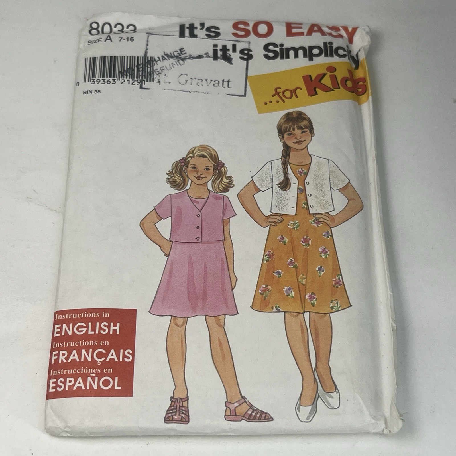 Simplicity 8033 Kids Dress & Jacket Sewing Pattern Size 7-16 Easy