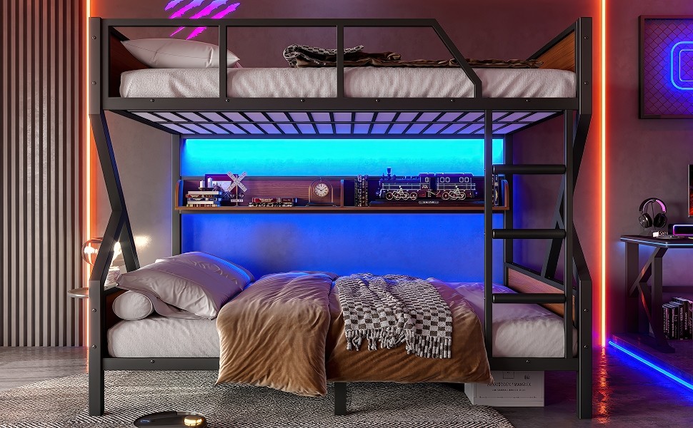 Metal Full over Full Bunk Bed with Storage Shelves Lights Space-saving Black New