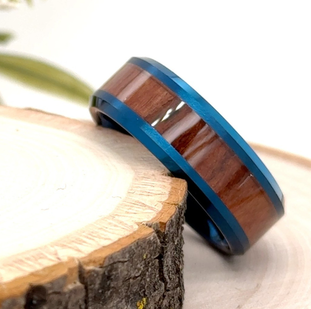 8mm Tungsten Carbide Stylish Ring Blue Inlay & Natural Wood Accent Unisex Band