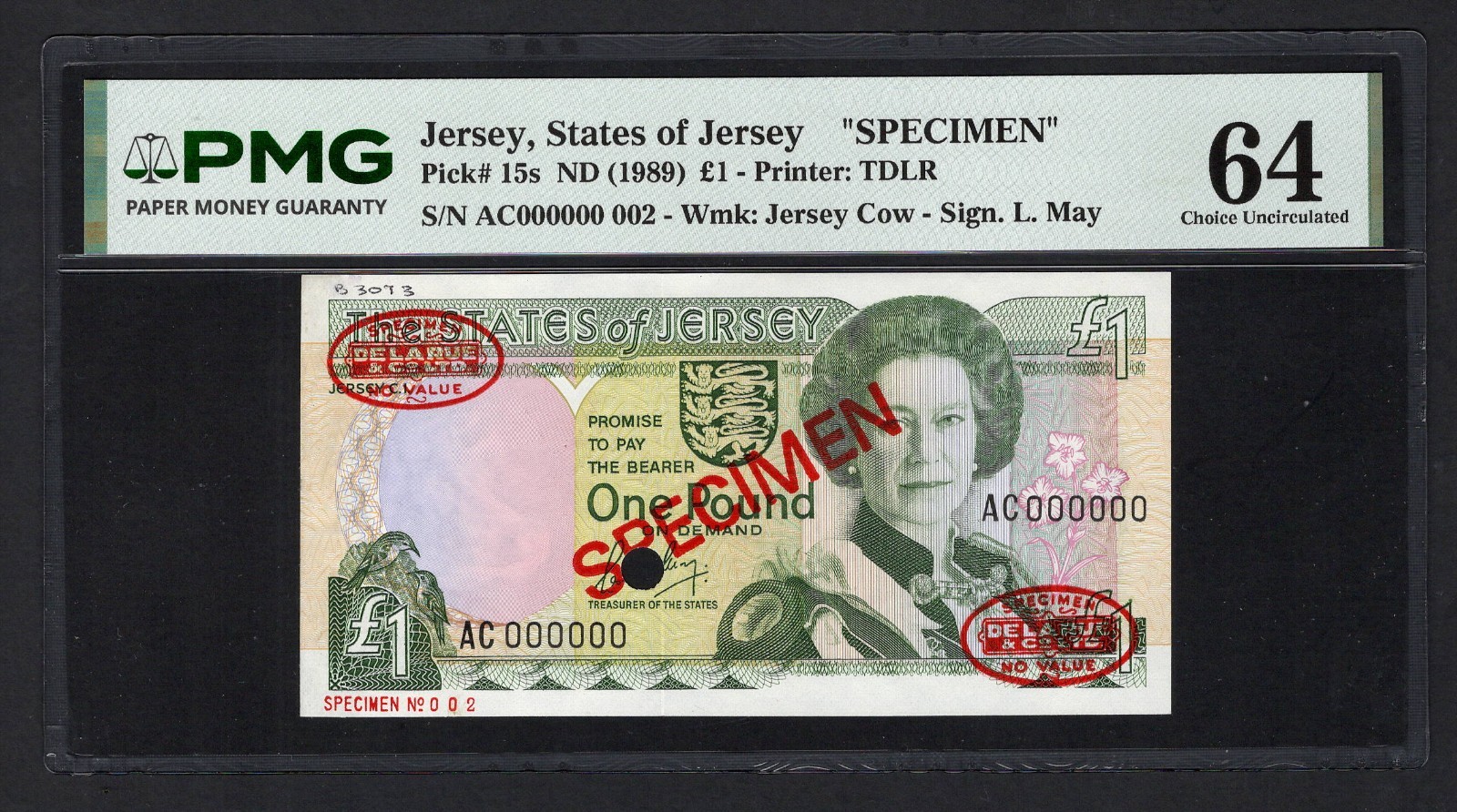 Jersey One Pound ND(1989) P15s "Specimen N.002" Uncirculated Grade 64