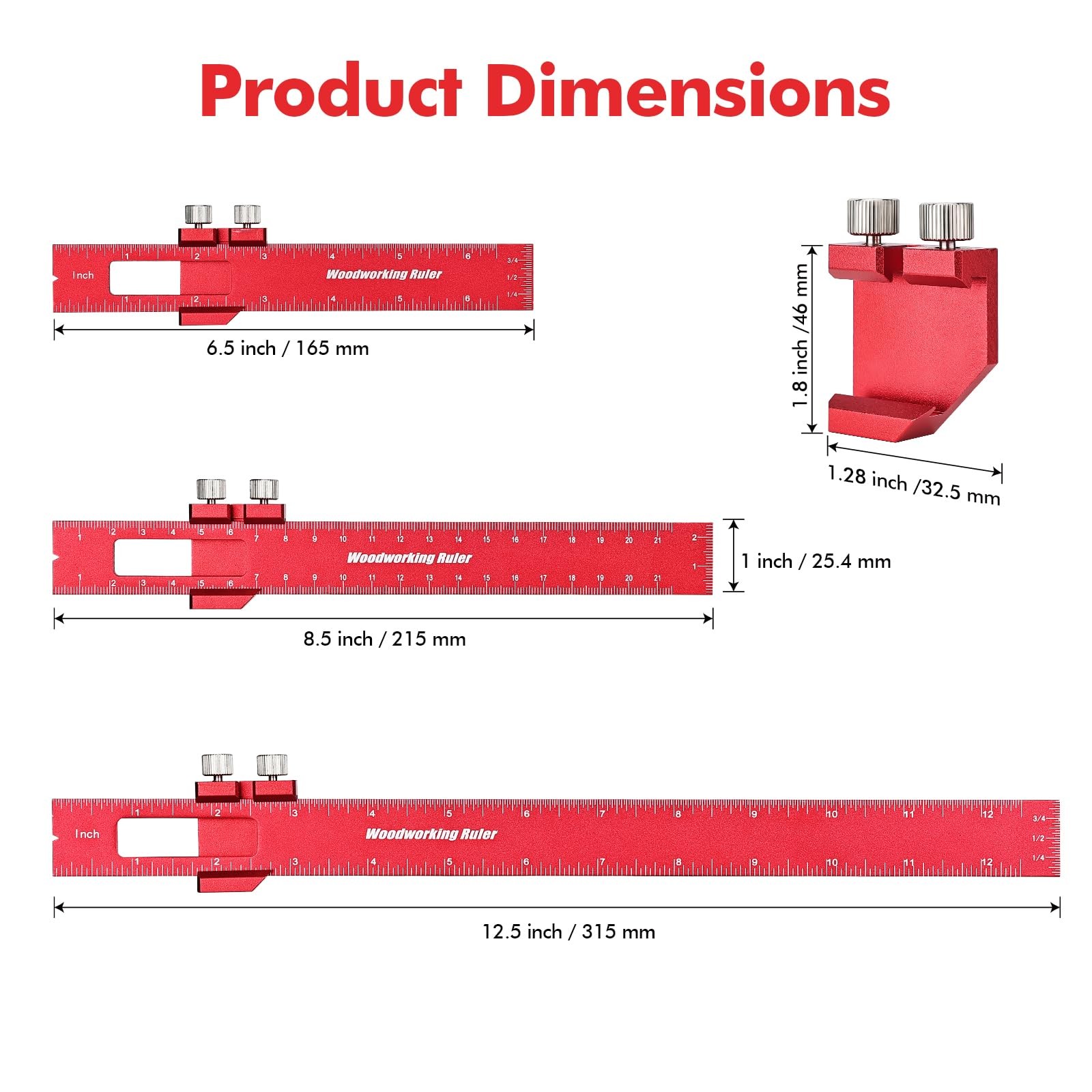 Draxzor 3PCS Woodworking Ruler Set, Precision Measuring Tool for Layout Red