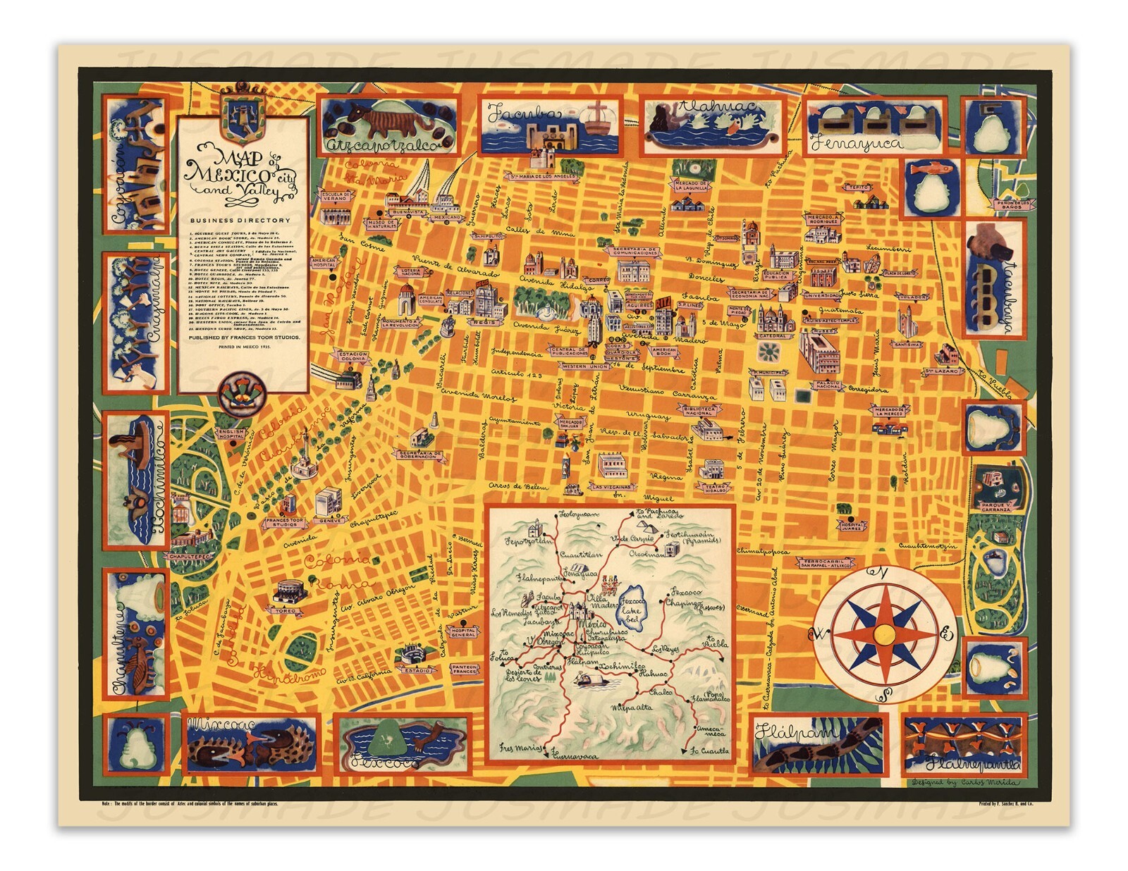 MAP OF MEXICO CITY AND VALLEY 1935 Vintage Pictorial Map Poster - Wall Decor