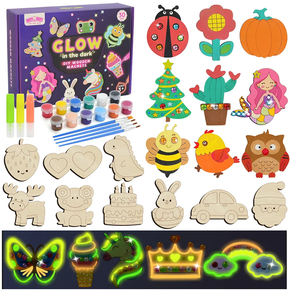 DIY Wooden Magnets Wood Crafts Kit for Kids Glow in the Dark, Arts Supplies Pain
