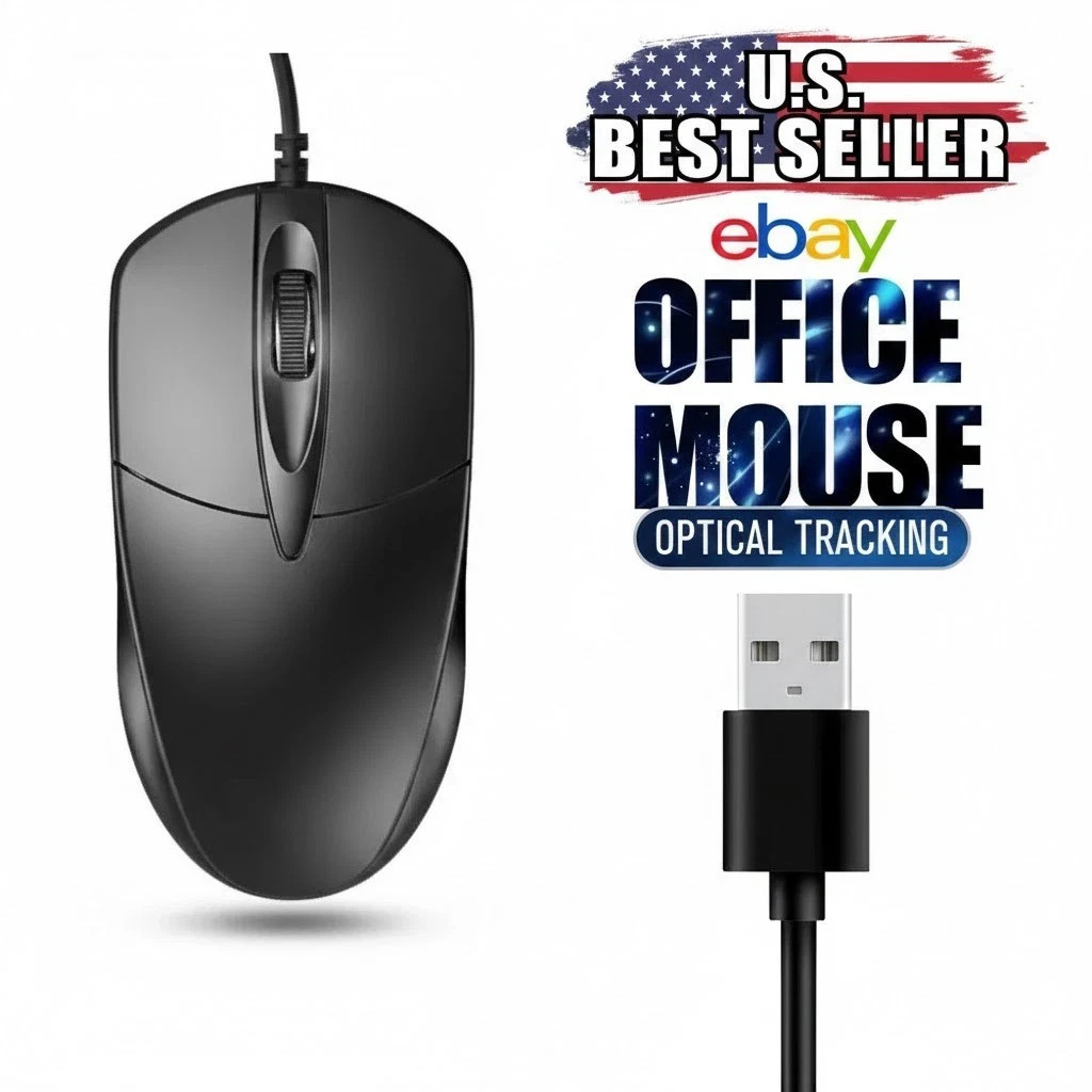 USB 2.0 Wired Optical Mouse Scroll Wheel PC Laptop Desktop Computer Black NEW