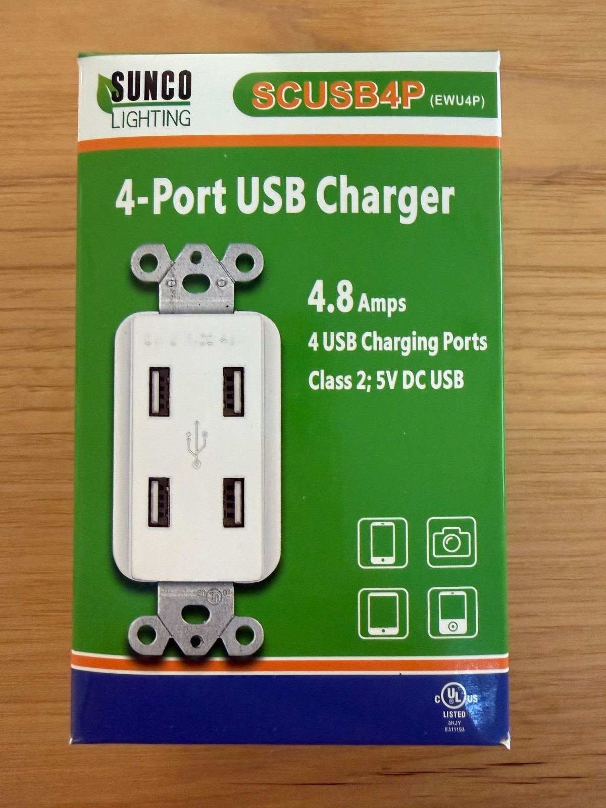 Sunco SCUSB4P 4-Port USB Wall Outlet Charger 4.8 Amp Decora – NIB w/ Cover Plate