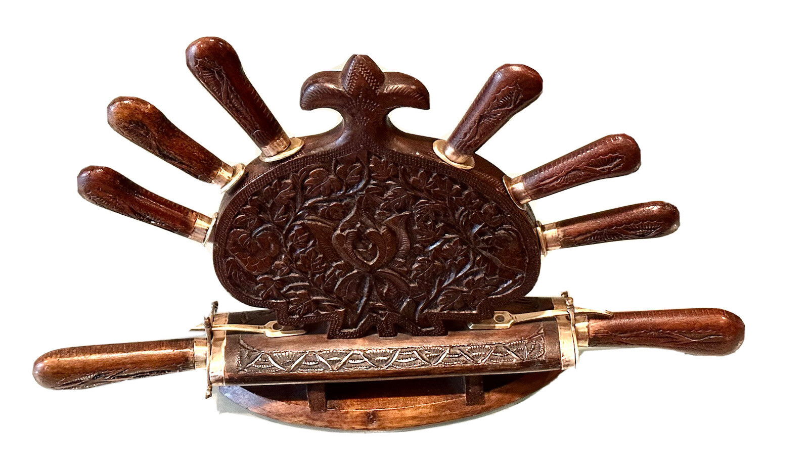 Antique Vintage India Set Carved Wood Rack Decor Carving Dagger Knives Forks