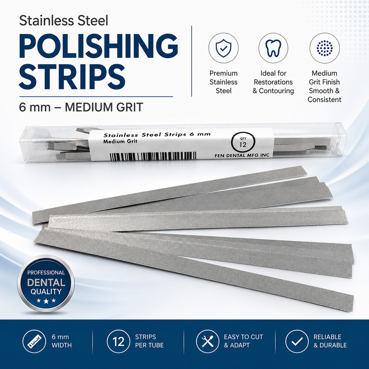 Stainless Steel Dental Polishing Strips 6 mm  MEDIUM GRIT 12 strips