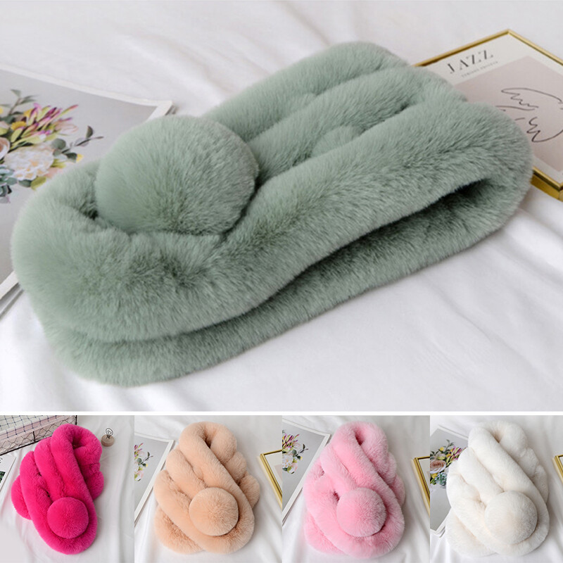 Winter Women Thicken Faux Fur Scarf Neck Warm Fluffy Pom Wrap Collar Shawl Gift