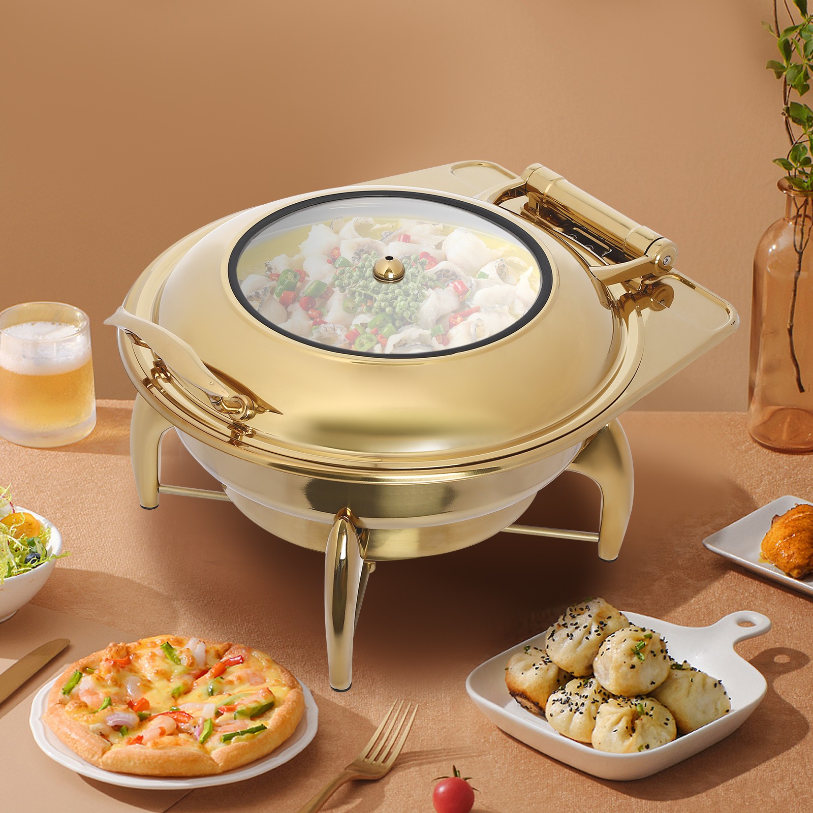 6.34quart Chafing Dish Flip-top Buffet Set Chafer Dish For Catering Gold Round