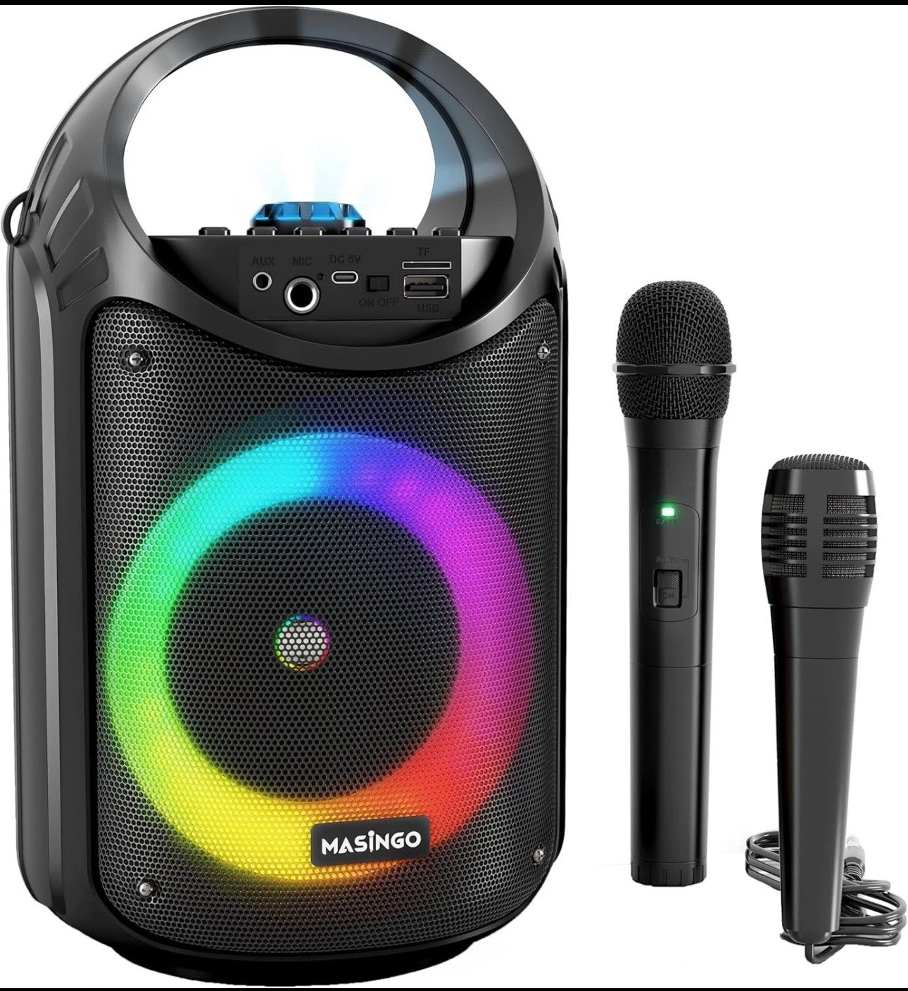 MASINGO Burletta C10 Karaoke Machine w/ 2 Mics, Bluetooth, LED Lights, Portable