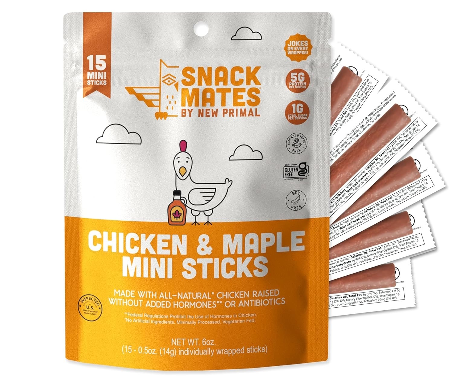 The New Primal Snack Mates Chicken & Maple Sticks, 15 Pack, 5g Protein, 35 Calor
