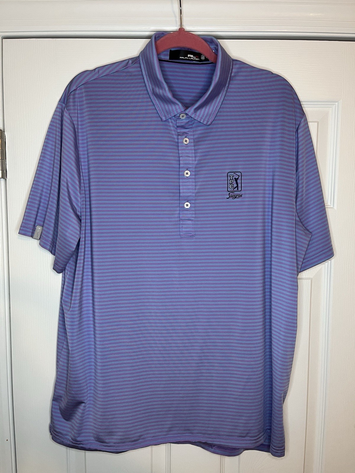 Used Ralph Lauren RLX Polo. TPC Sawgrass. XL. Blue/Purple Stripes