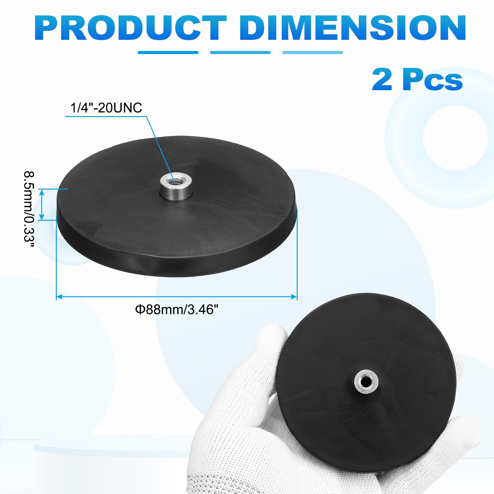 2Pcs 3.5" Rubber Coated Magnets, 88LBS Magnet Base with 1/4"-20 Threaded