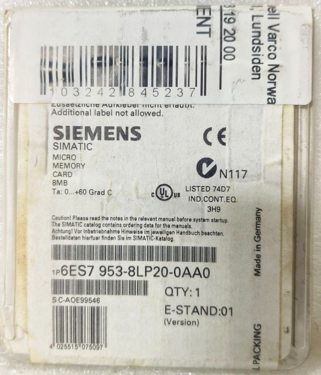 NEW SIEMENS SIMATIC S7 MICRO MEMORY CARD 8MB 6ES7953-8LP20-0AA0 S7-300 C7 ET200