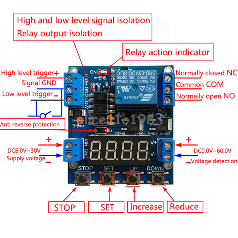 1-Channel Relay Module Trigger Delay Cycle Timer Circuit Switch Adjustable 6-30V