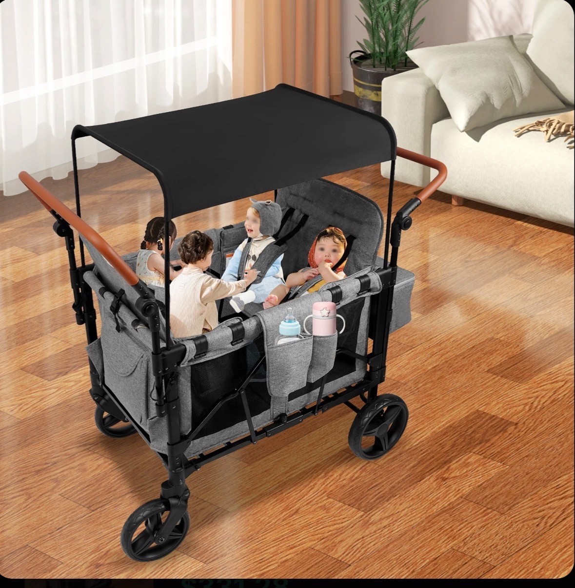 4 Seater Stroller Wagon Quad Kids Folding Push Pull Cart Canopy Grey