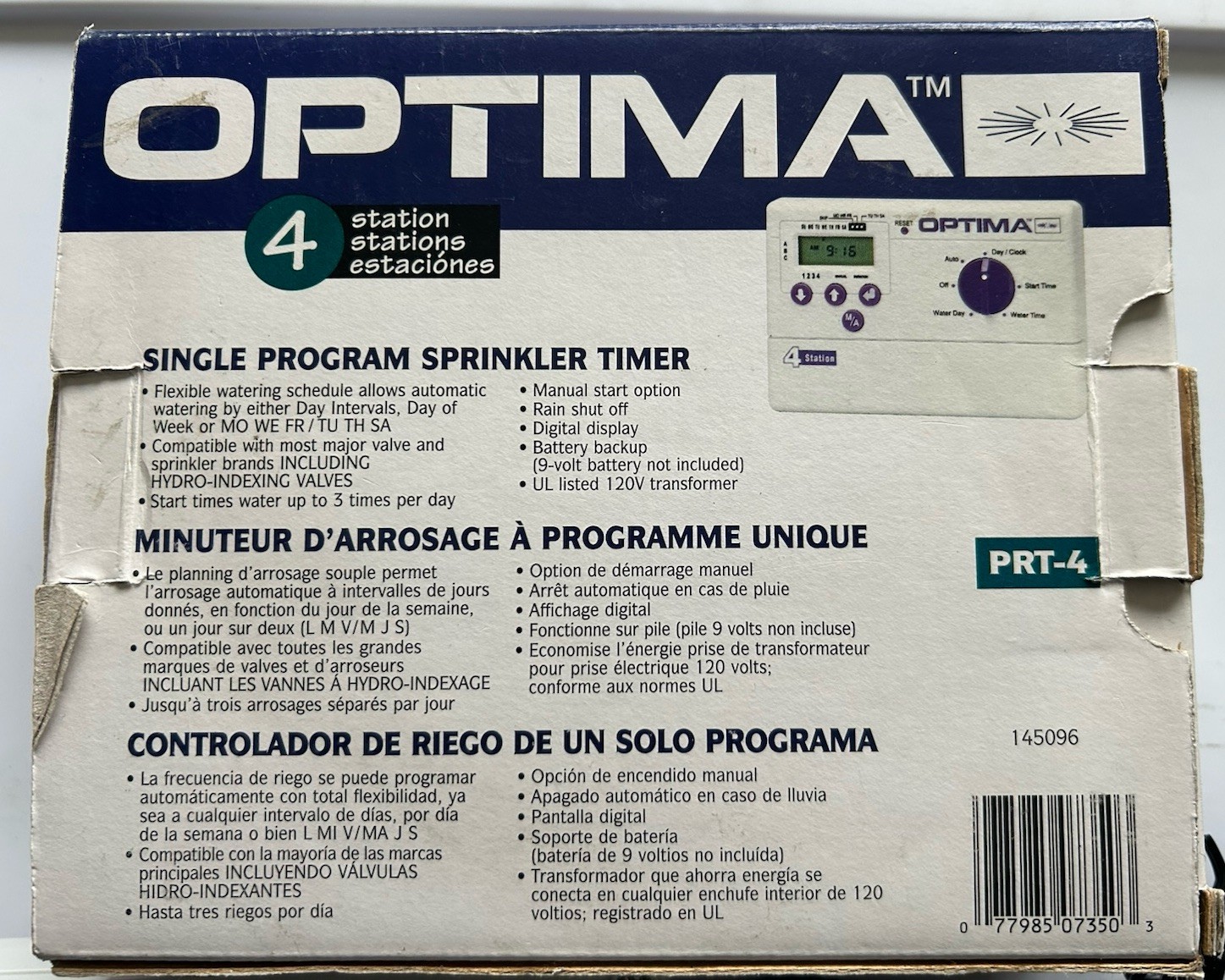 Optima 4 Single Program Sprinkler Timer Garden Watering Controller PRT-4 New