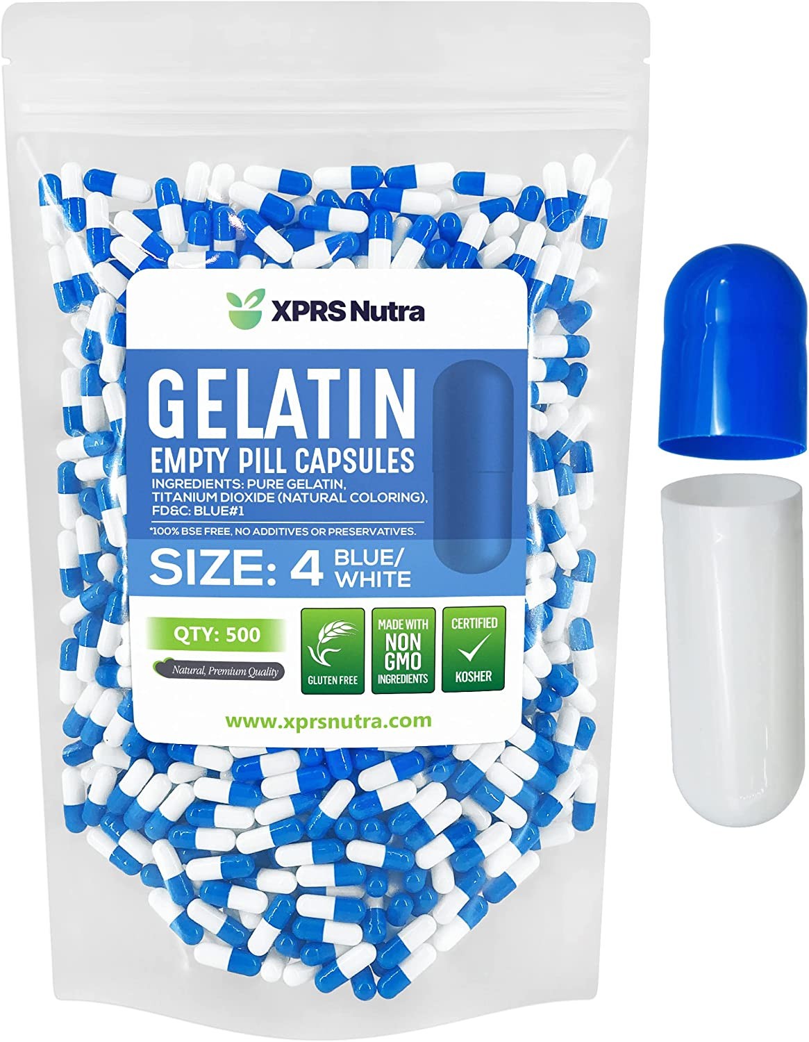 Size 4 Blue/White Empty Gelatin Capsules Kosher Pill Gelcaps Gel Caps USA Made