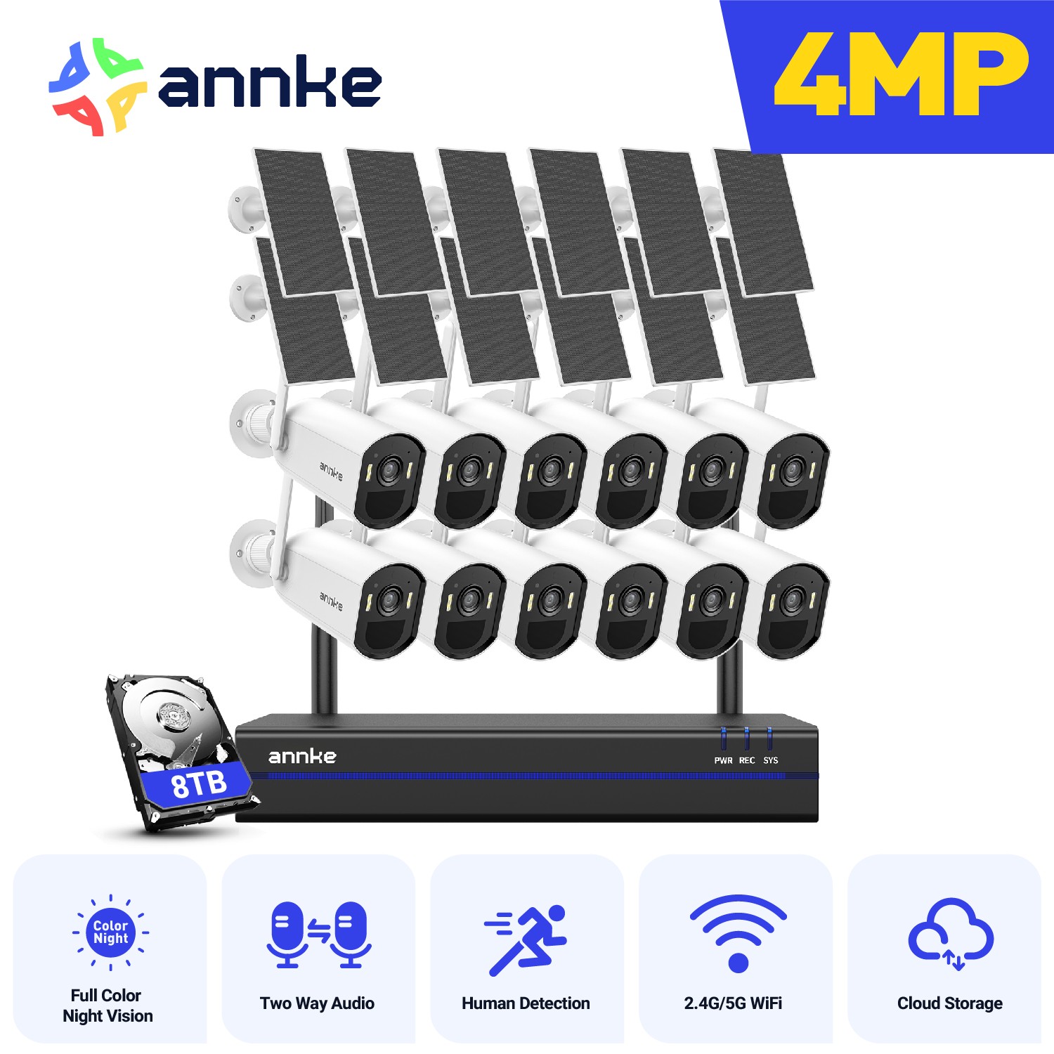 ANNKE 16CH 4MP Wireless Security Camera System Solar Battery 2 Way Audio Color
