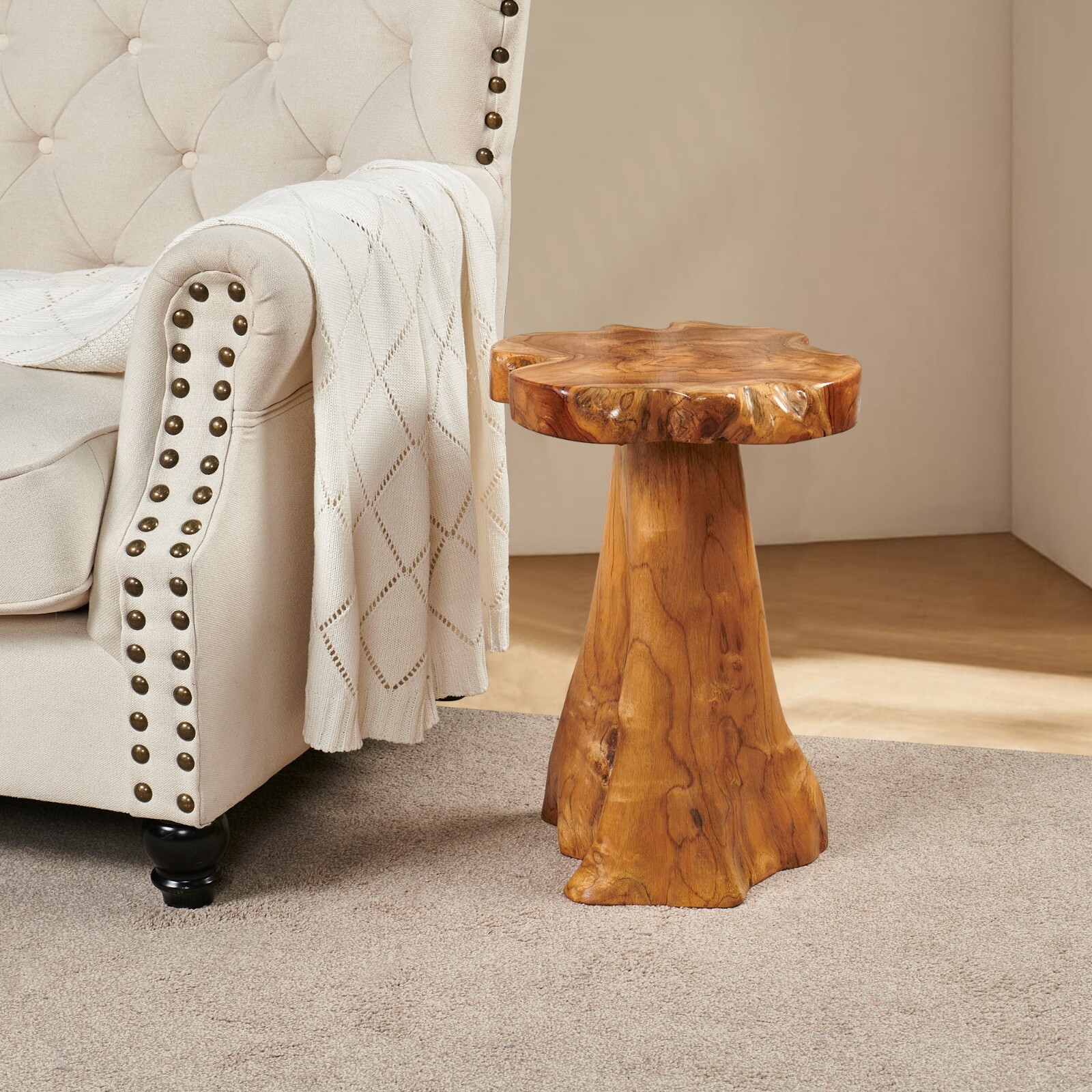Rustic Teak Tree Stump Table – Live Edge Side Table or Stool, Natural Wood, Gift