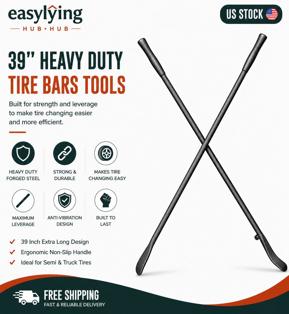 Tire Bars Tools 39in Forged Steel for Semi Tires - Heavy Duty Tire Changing Kit