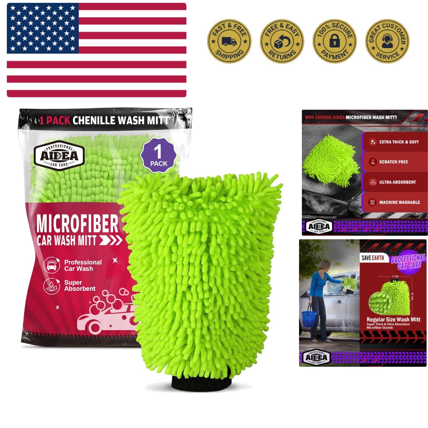 Car Wash Mitt Microfiber, 1PK-Scratch-Free& Lint-Free,  Chenille Microfiber M...