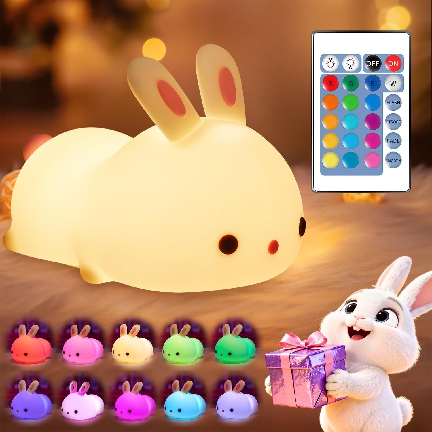 One Fire Bunny Night Light Kids Remote 16 Color Silicone Lamp Dimmable Cute RMTE