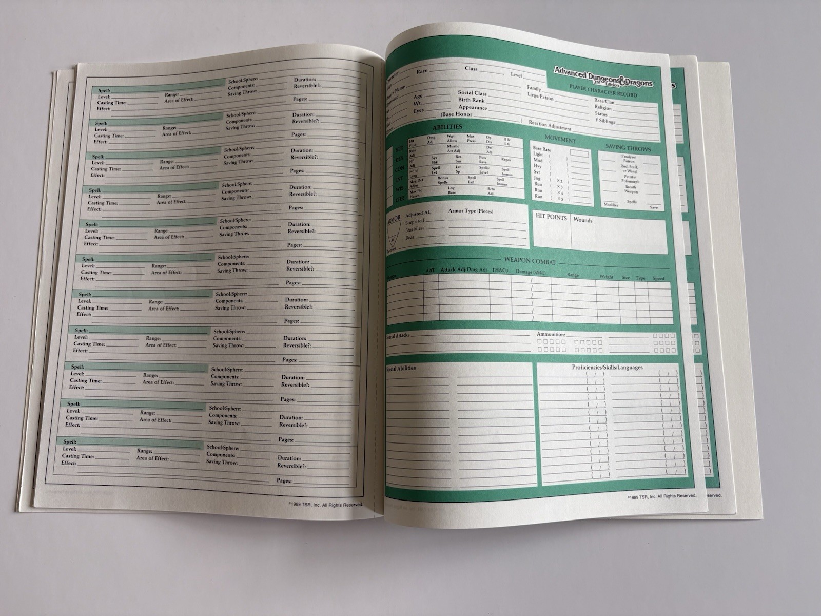 Advanced Dungeons and Dragons Character Record Sheets TSR 1989