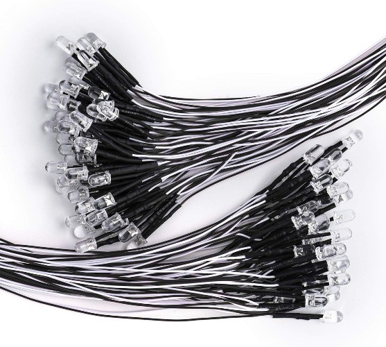 100Pcs 5MM Pre Wired 12V Daylight White LED Diodes 9.4 Inch 24CM Ultra Bright