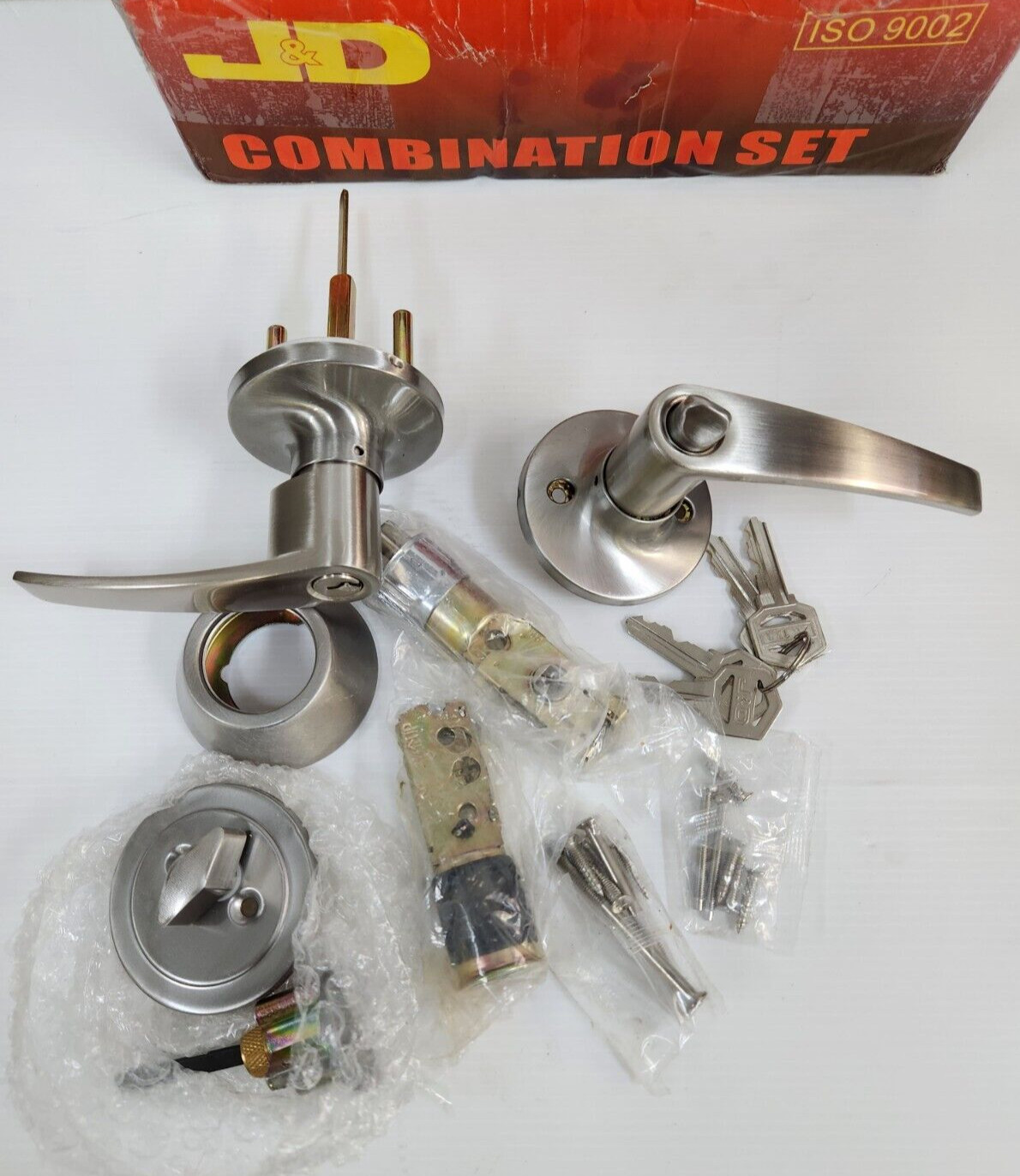 J&D KA7629 Brushed Nickle Lever Handle & Deadbolt, 1-3/8in-1-3/4in Entry Door