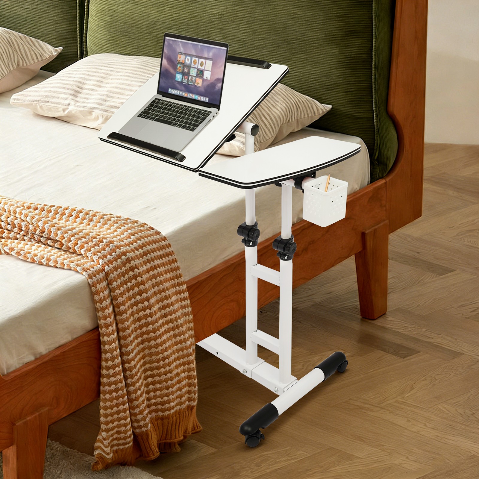Side Table w/Wheels,Height Adjustable Computer Table,Free Standing Writing Table