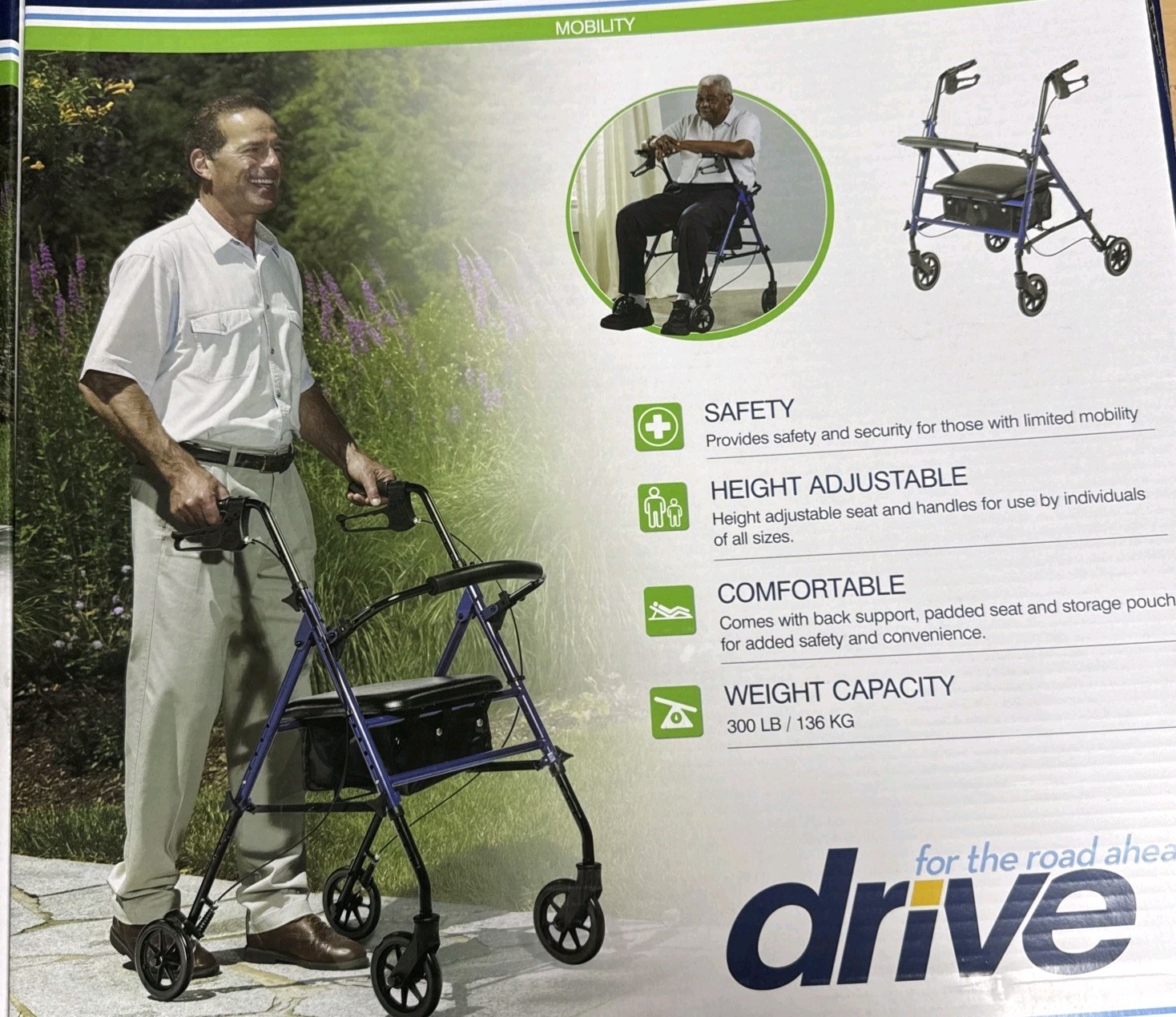 Drive 4-Wheel Rollator 300 lbs. Aluminum 29.5 to 38 inch Handle Height - Blue