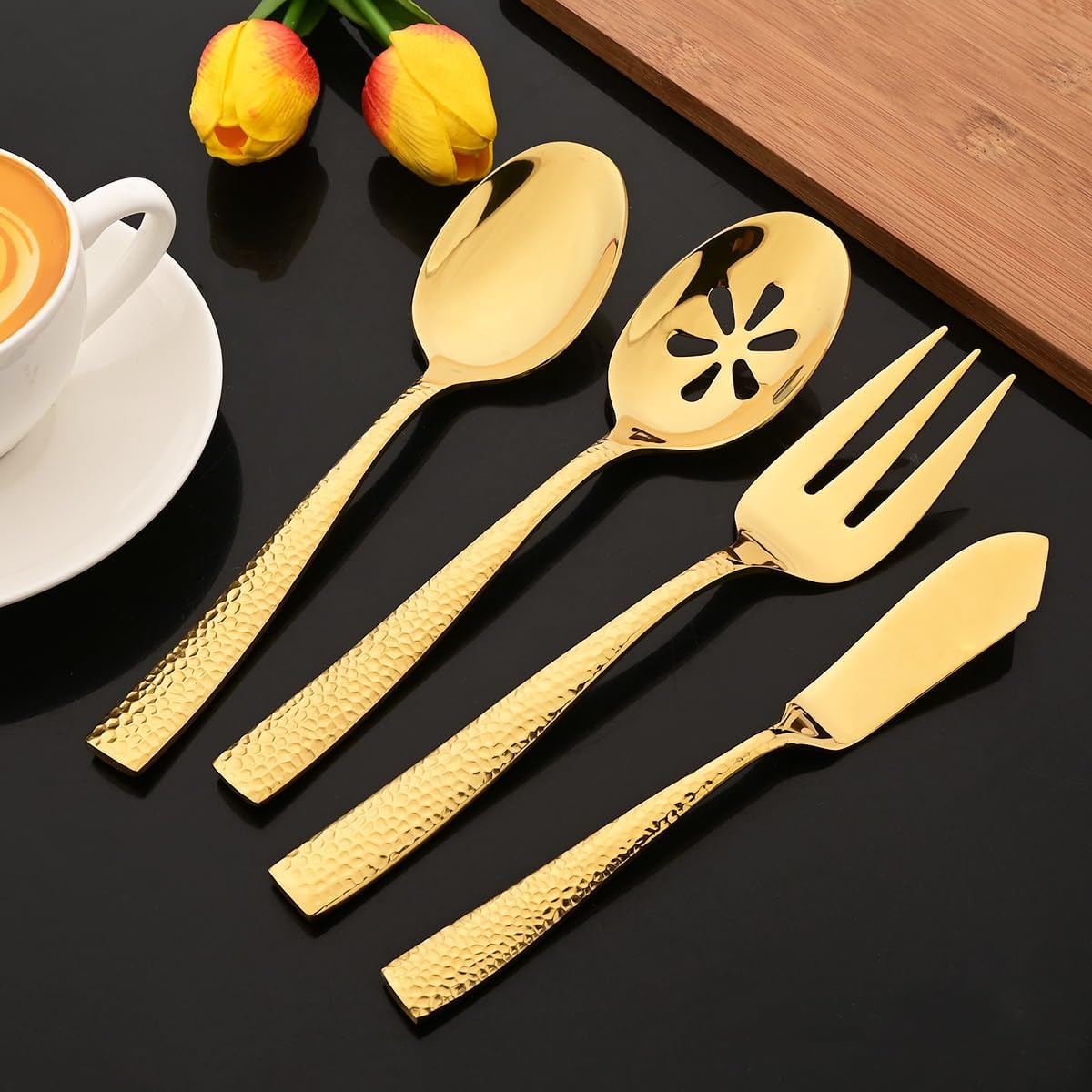 5-Piece Gold Hammered Flatware Hostess Set Stainless Steel Serving Fork Slotted