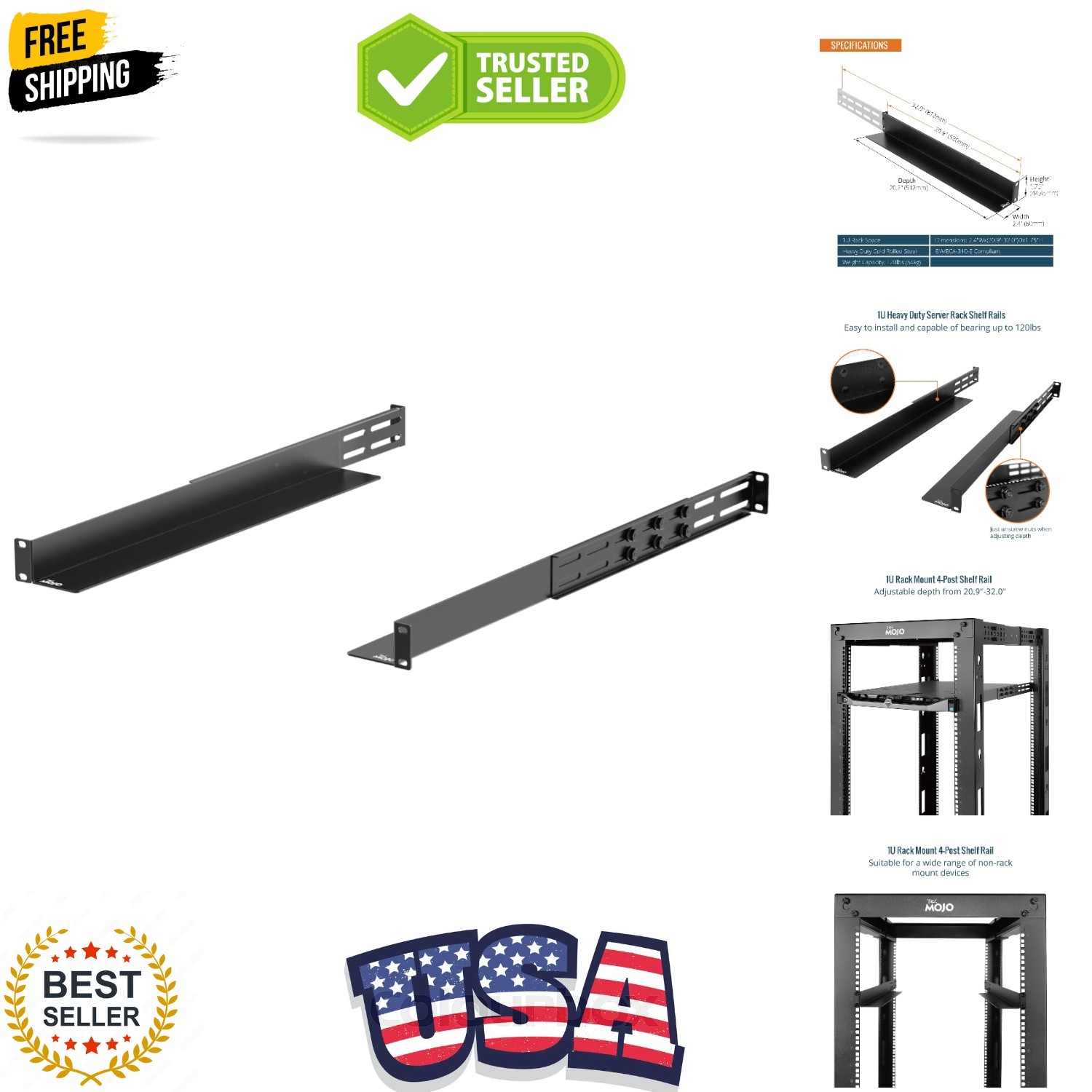 1U Universal Rack Mount Rails,4-Post Server Rack Shelf Rail with 20.9"-32" Ad...