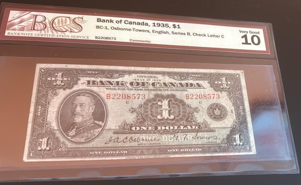 1935 Bank of Canada $1 Dollar  Bank Note BC-1 Series B Letter C BCS 10 Very Good