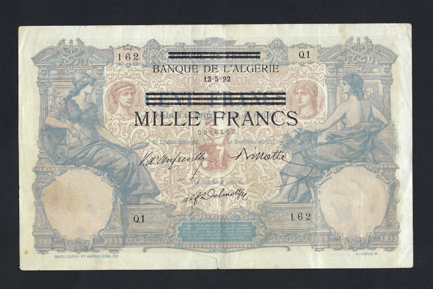 FRENCH A. -BANQUE DE L'ALGÉRIE 1000 FRANCS 12-5-1892 OVERPRINTED ON 100 FRANCS