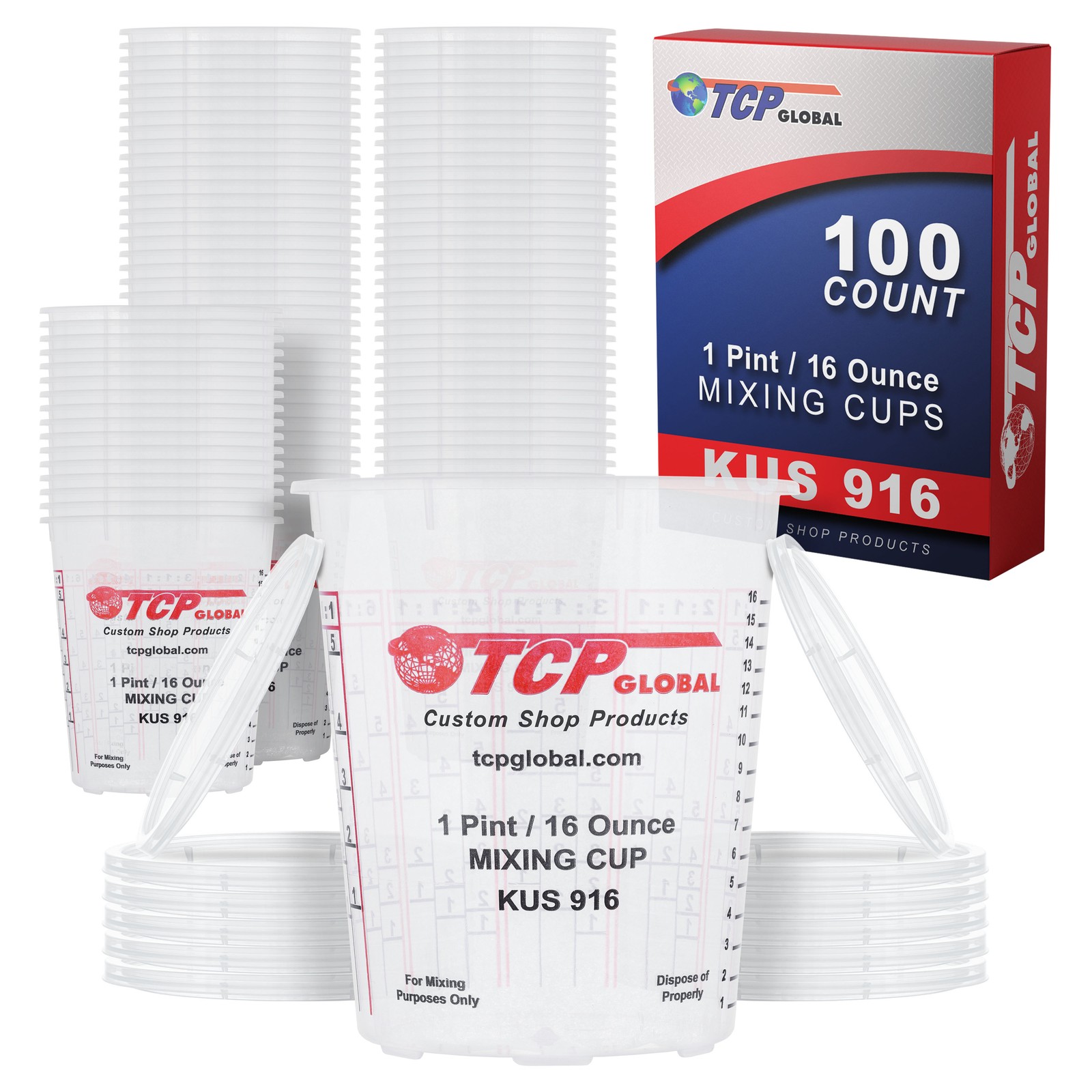 16-Ounce (1 Pint) Paint & Epoxy Mixing Cup Calibrated Ratios - 100 Cups/12 Lids
